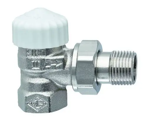 Thermostatventilunterteil von IMI Hydronic Engineering in Eckform mit einem vernickelten Gehäuse und einem weißen Kunststoff-Drehknopf zur Temperaturregulierung.